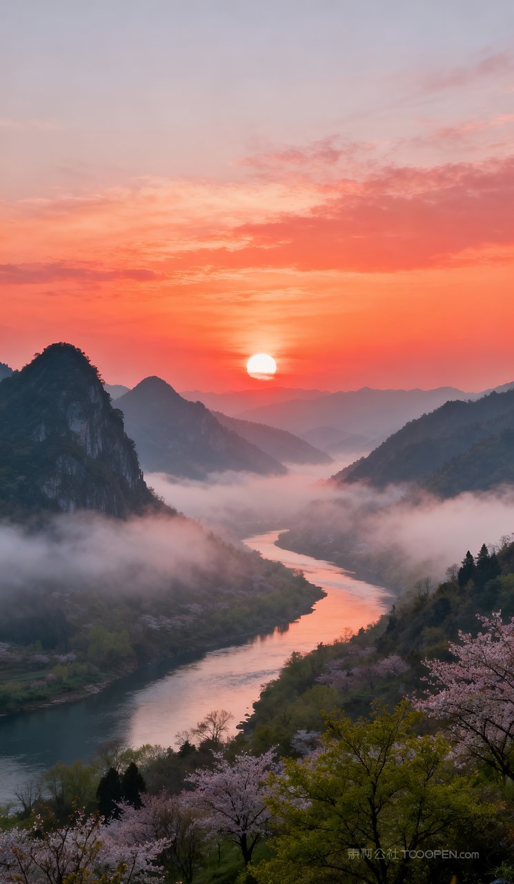 春天山峰唯美天空风景自然河流山水