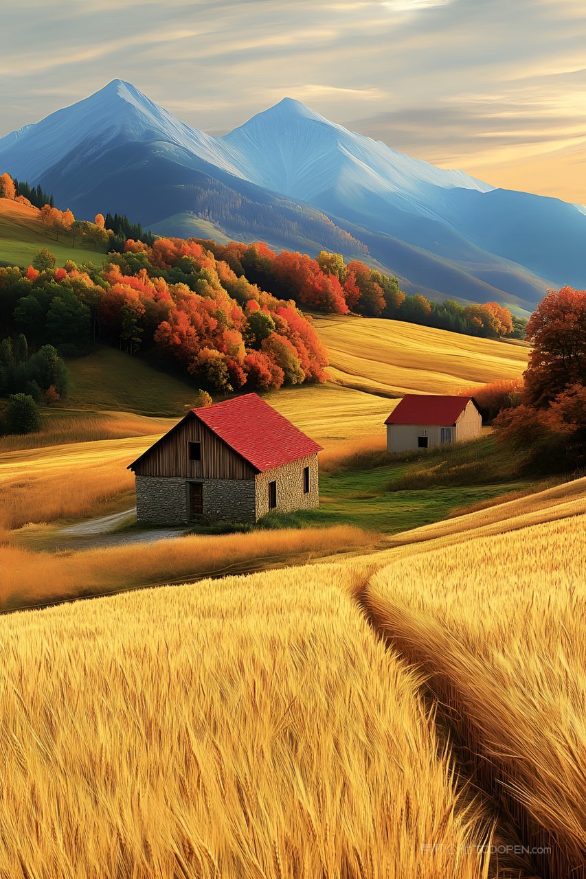 秋天麦田乡村红屋顶小屋