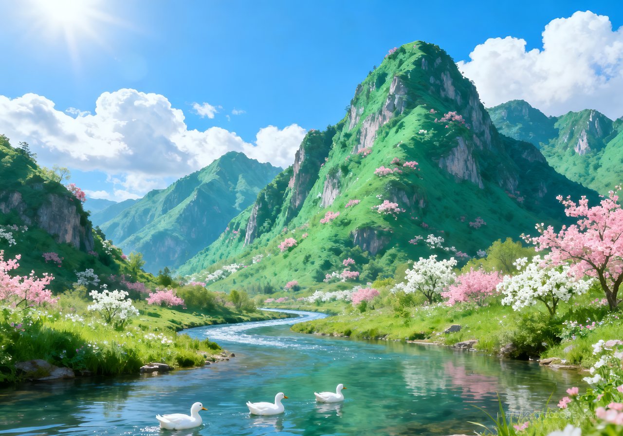 春天风景唯美自然春意天空山峰河流意境