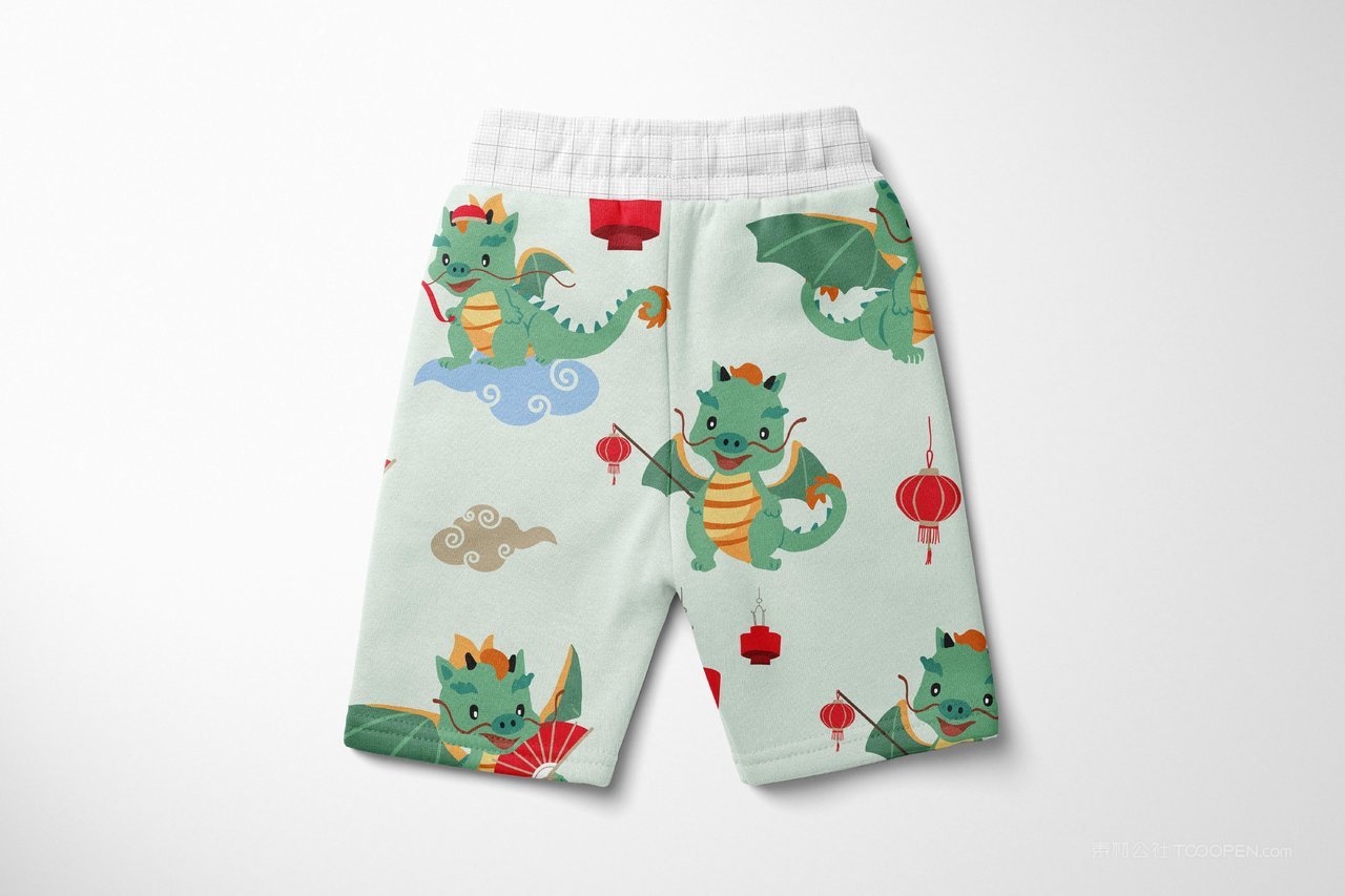 【1387期】2024龙年卡通提灯笼小恐龙印花儿童短裤服装样机 (6)