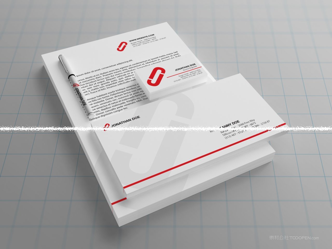 红色精致信封信纸名片办公用品品牌vi样机