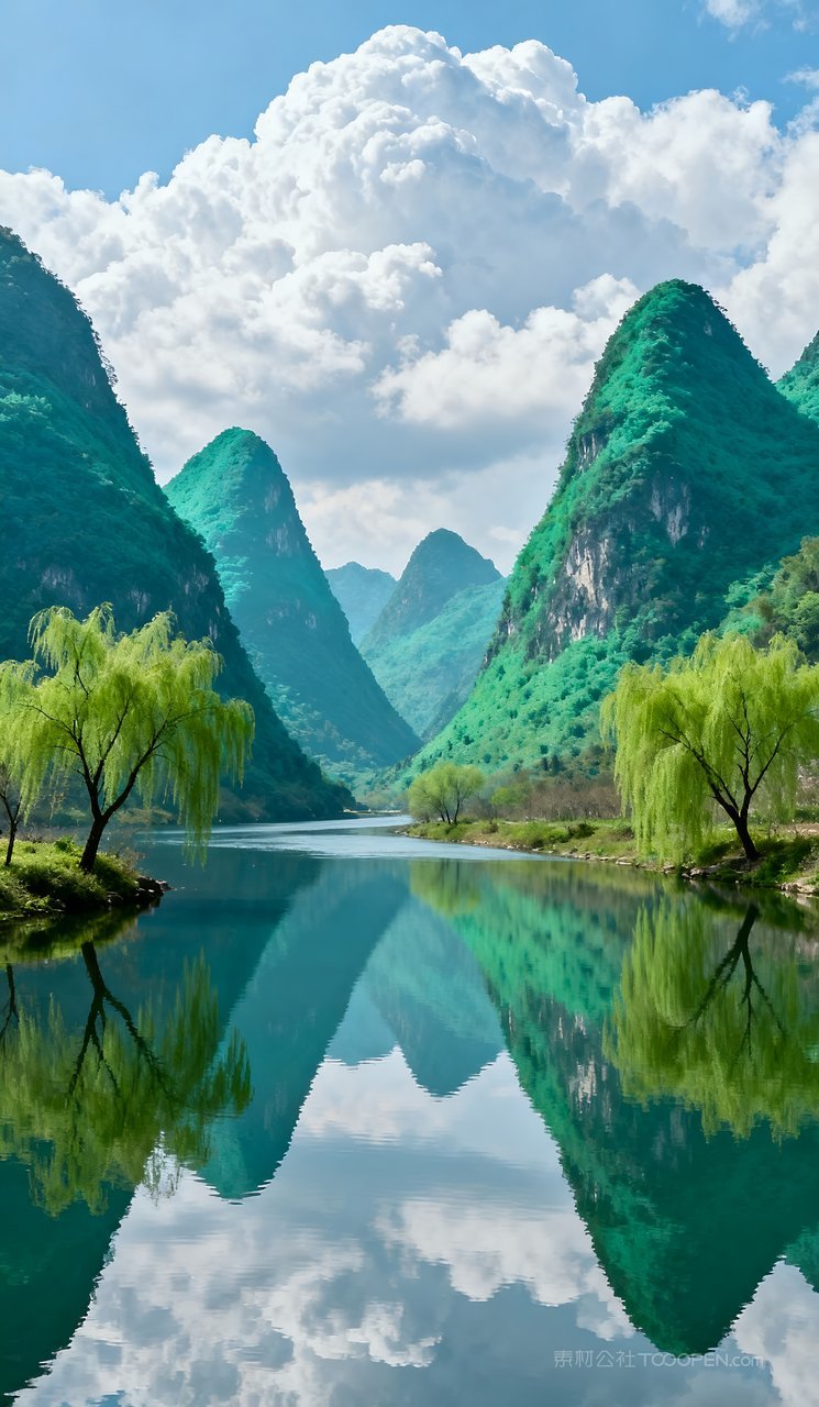 天空春天自然意境山峰唯美风景山水河流