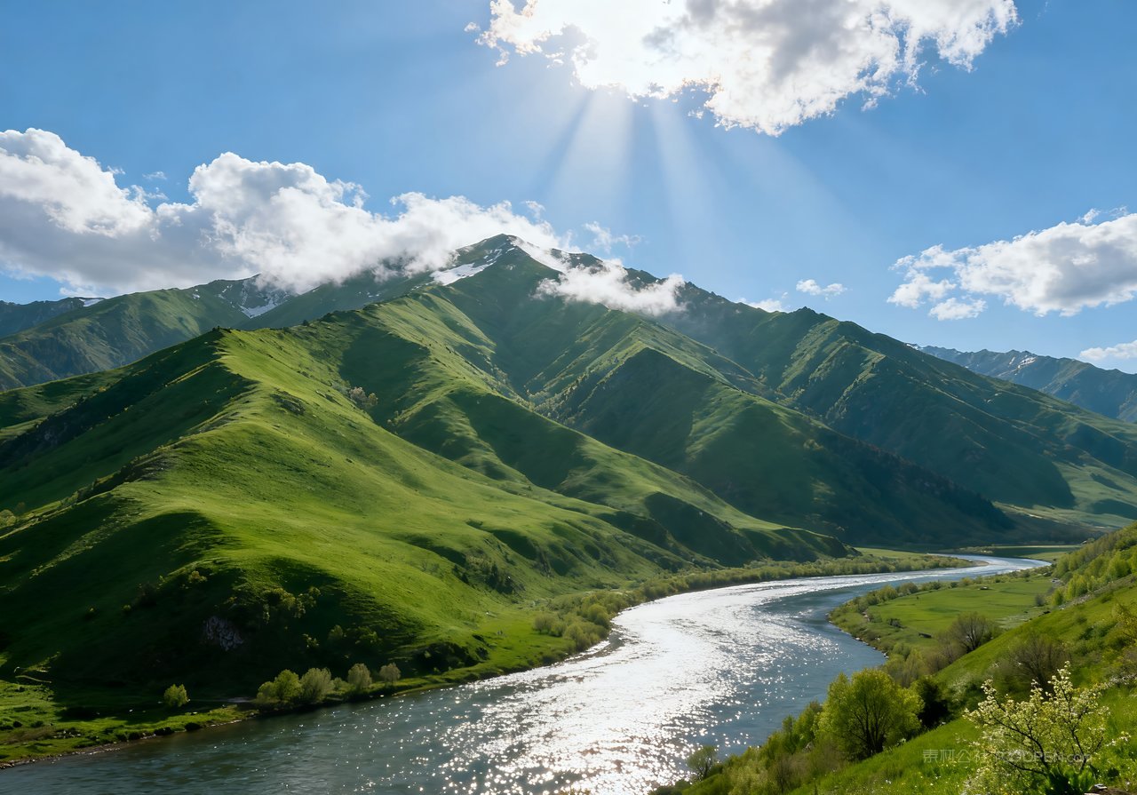 山水风景山峰唯美意境春季河流天空