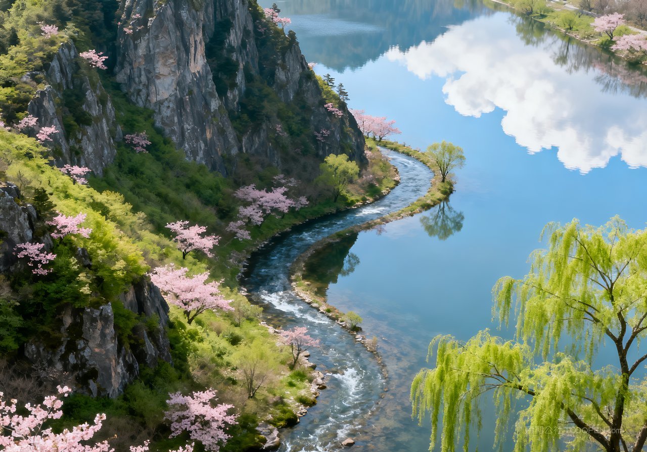 唯美天空山水风景春季山峰意境河流