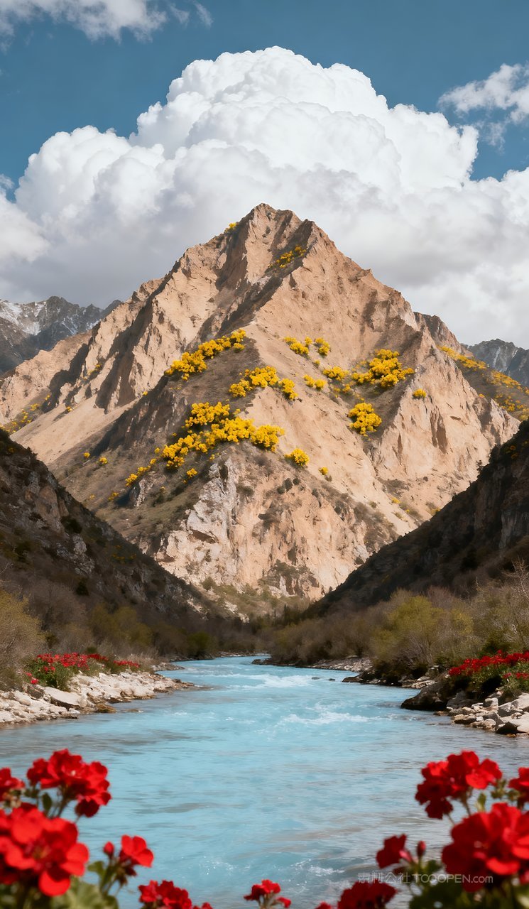 风景春天唯美山水河流自然山峰天空春季