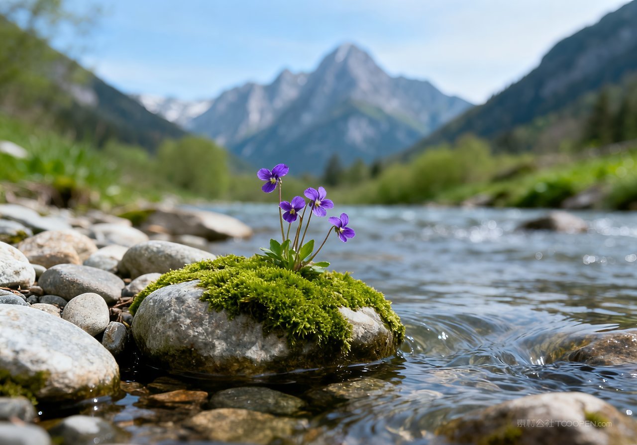 河流自然春天天空风景意境唯美春意山峰