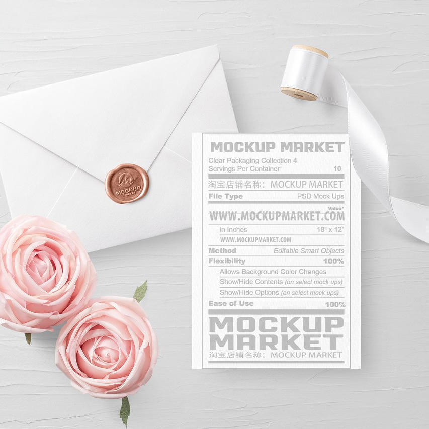 粉玫瑰花婚礼邀请卡和信封高品质psd样机