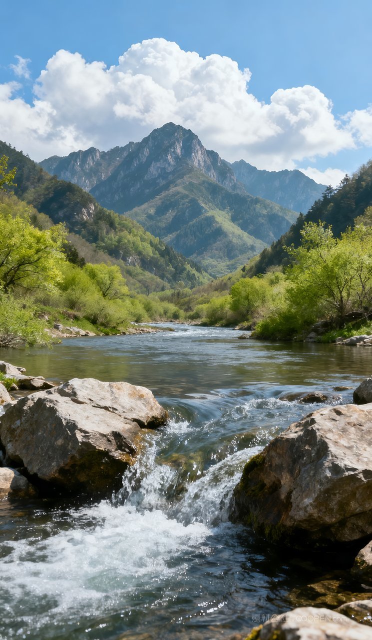 春季天空自然山峰唯美风景河流春天山水