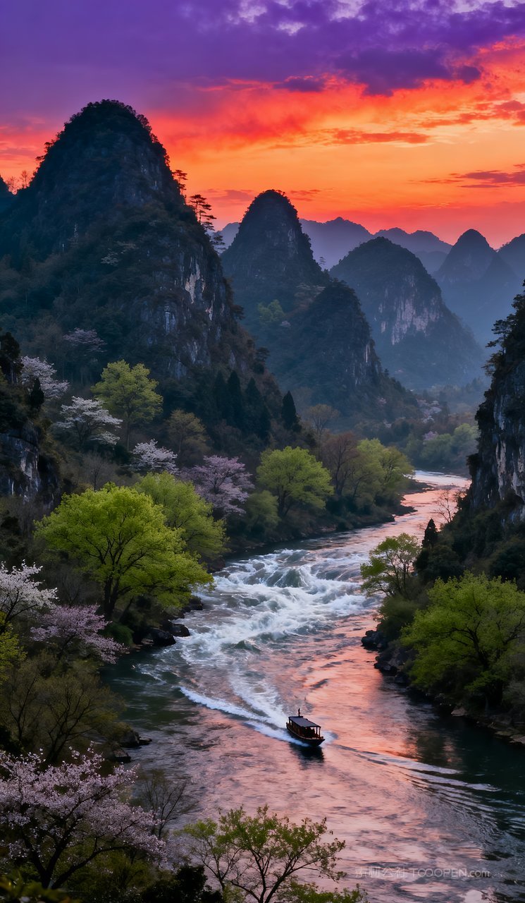 春天天空山峰河流唯美风景山水自然