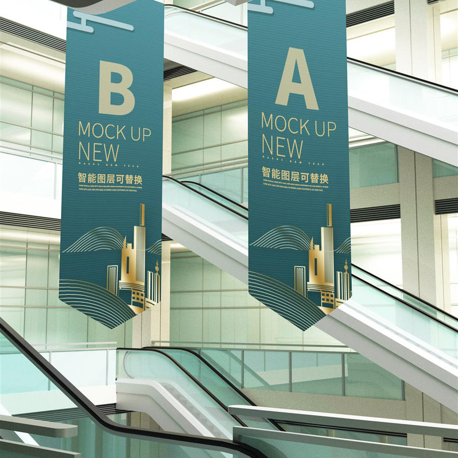 商场楼梯口吊旗样机