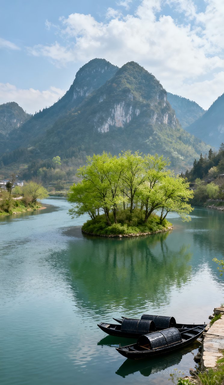春天风景河流山水唯美意境天空山峰