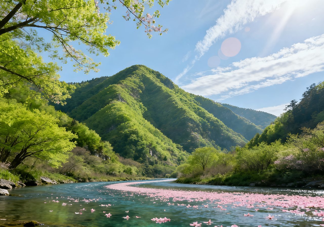 唯美山峰春天山水风景意境天空河流
