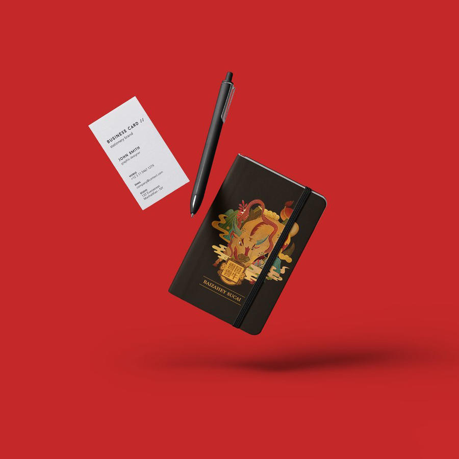 中国红笔记本国潮牛图腾文创样机 (2)