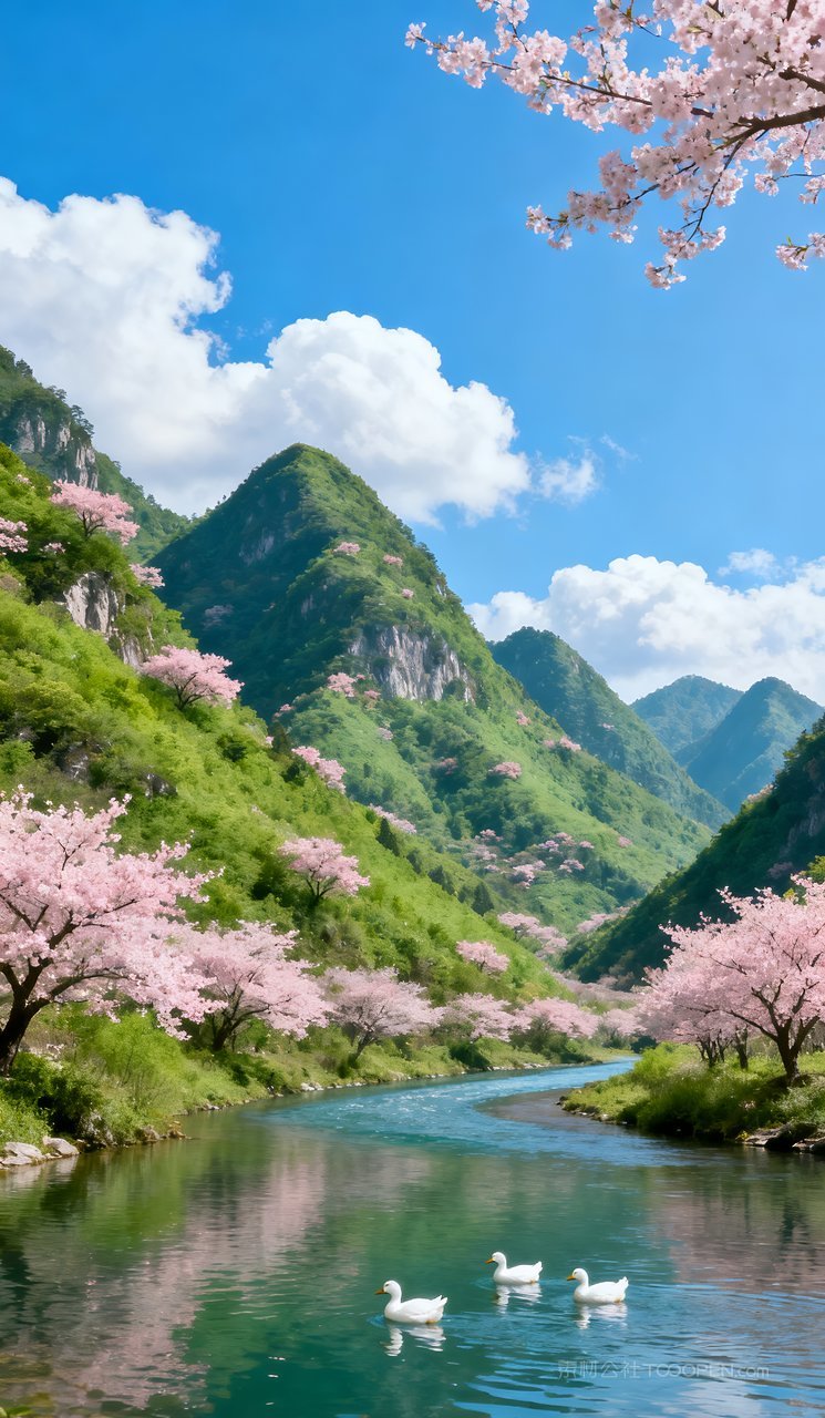 意境唯美春天天空山水风景山峰河流