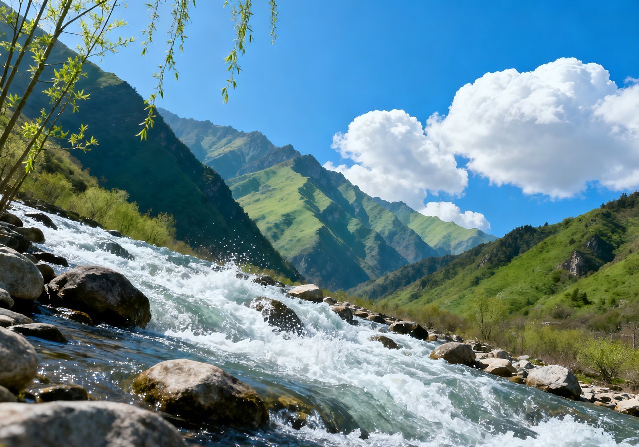 自然春天河流山峰春意天空意境风景
