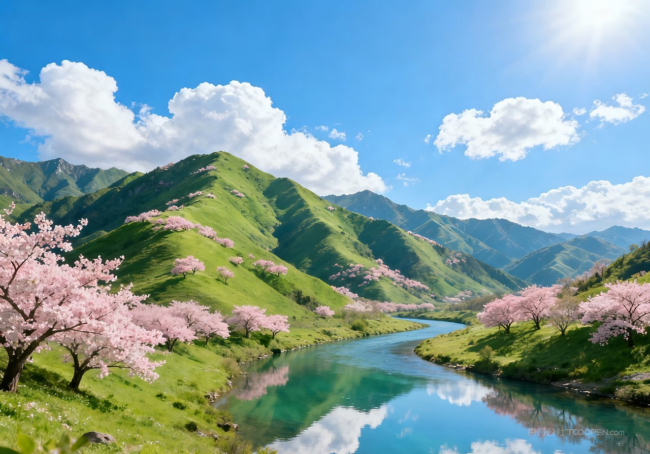 春季山水意境唯美天空风景河流山峰