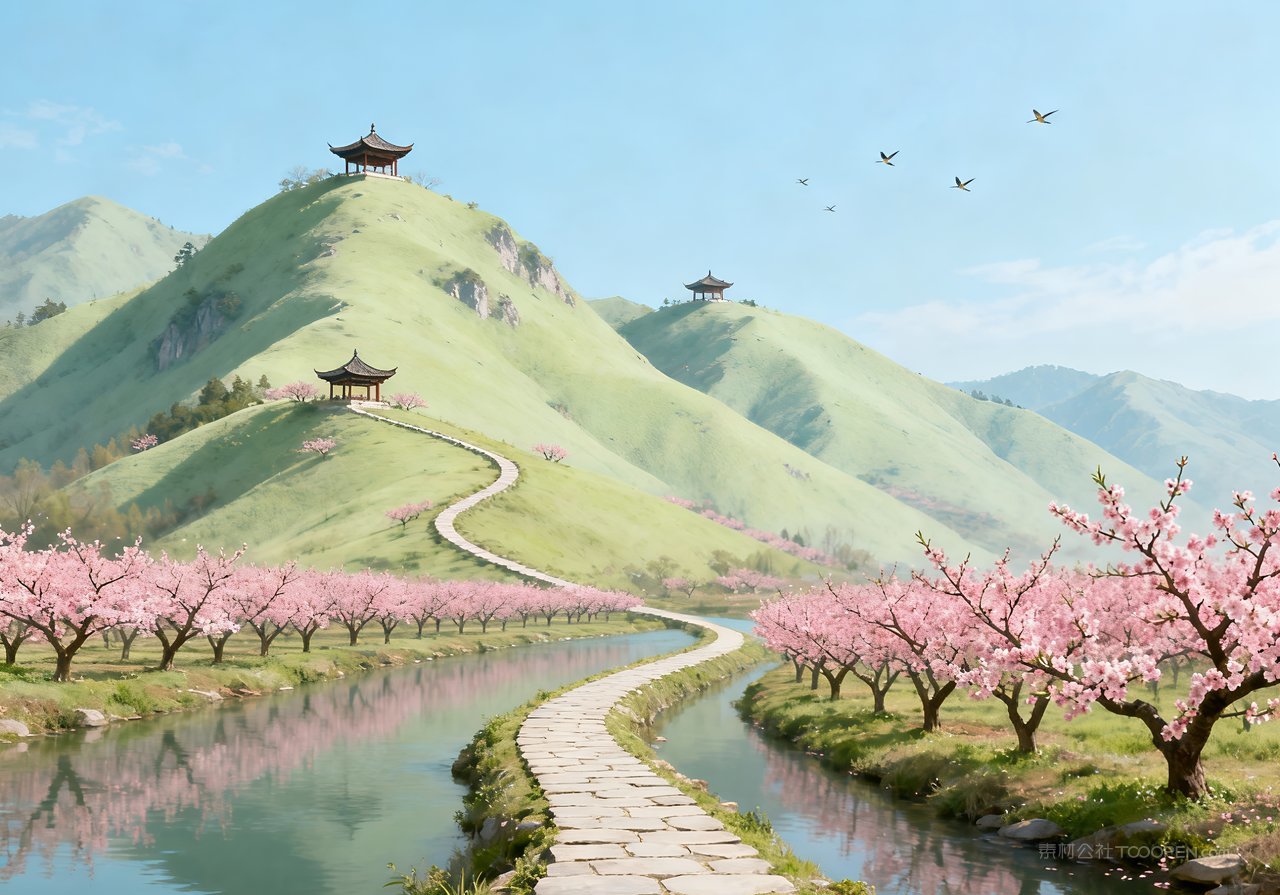 山峰河流风景春天意境唯美天空春意