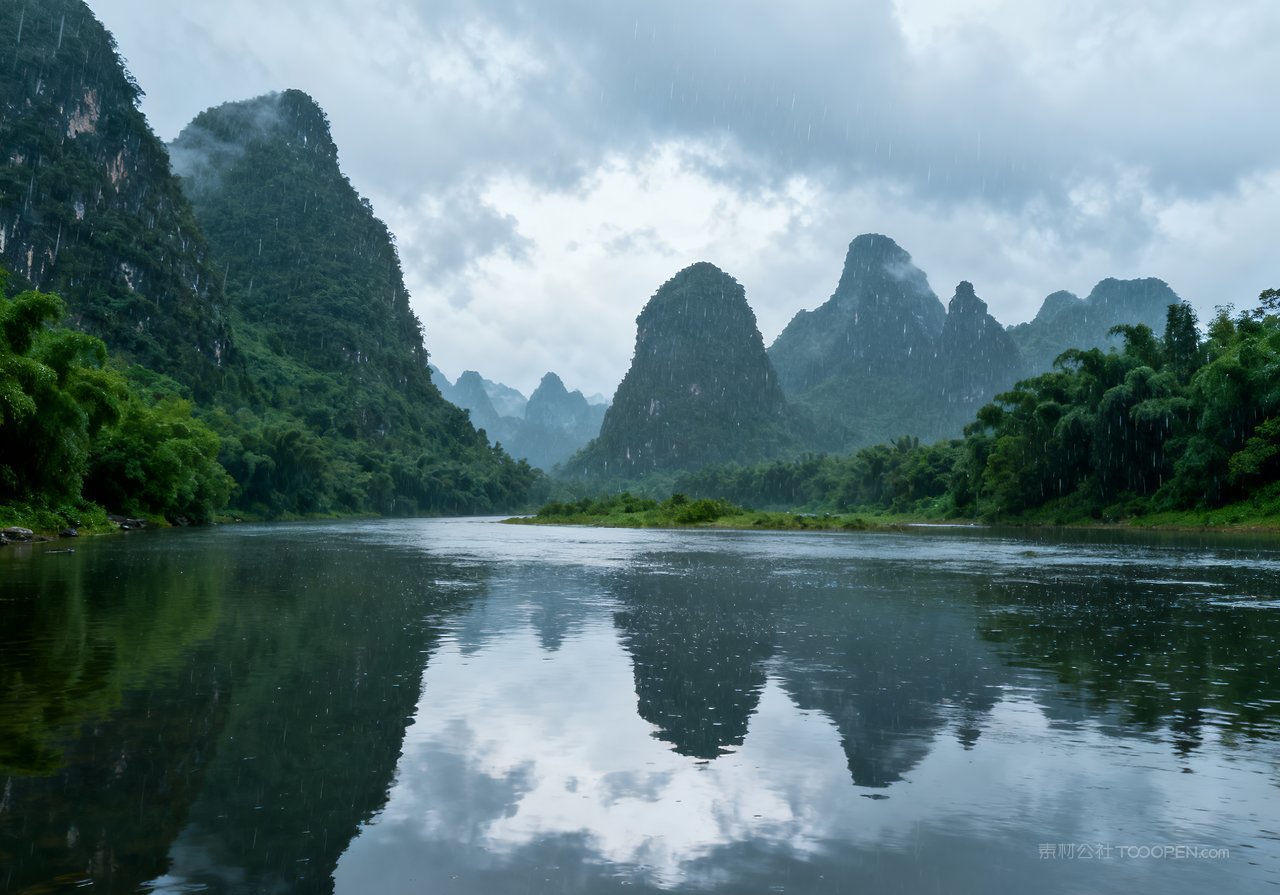 风景意境山峰春天春意天空河流自然