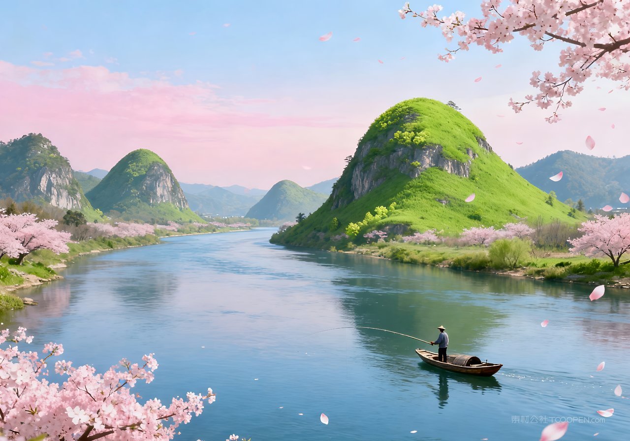 山水河流山峰意境唯美春季风景天空