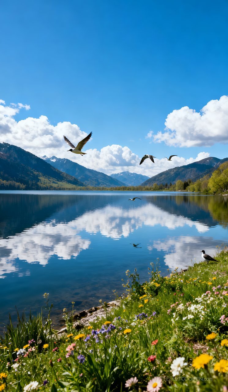 山水唯美山峰景色自然春季春天风景天空河流