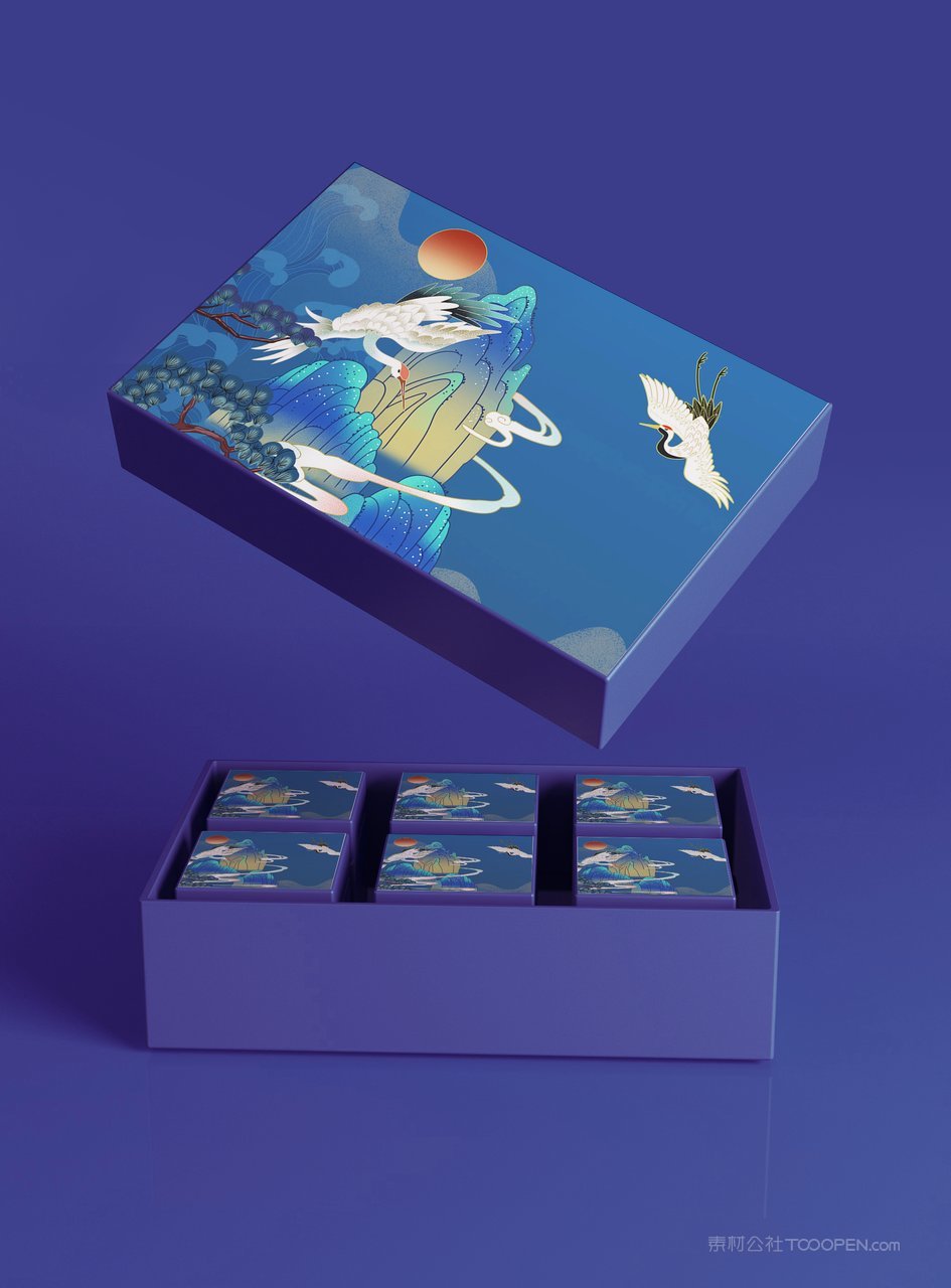 蓝色天地盖中秋月饼礼品盒ps场景样机