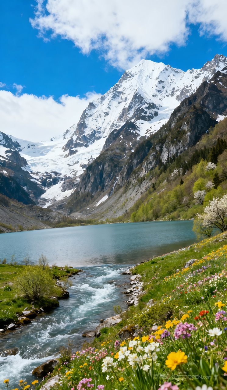 河流风景春季春天天空山峰山水自然唯美