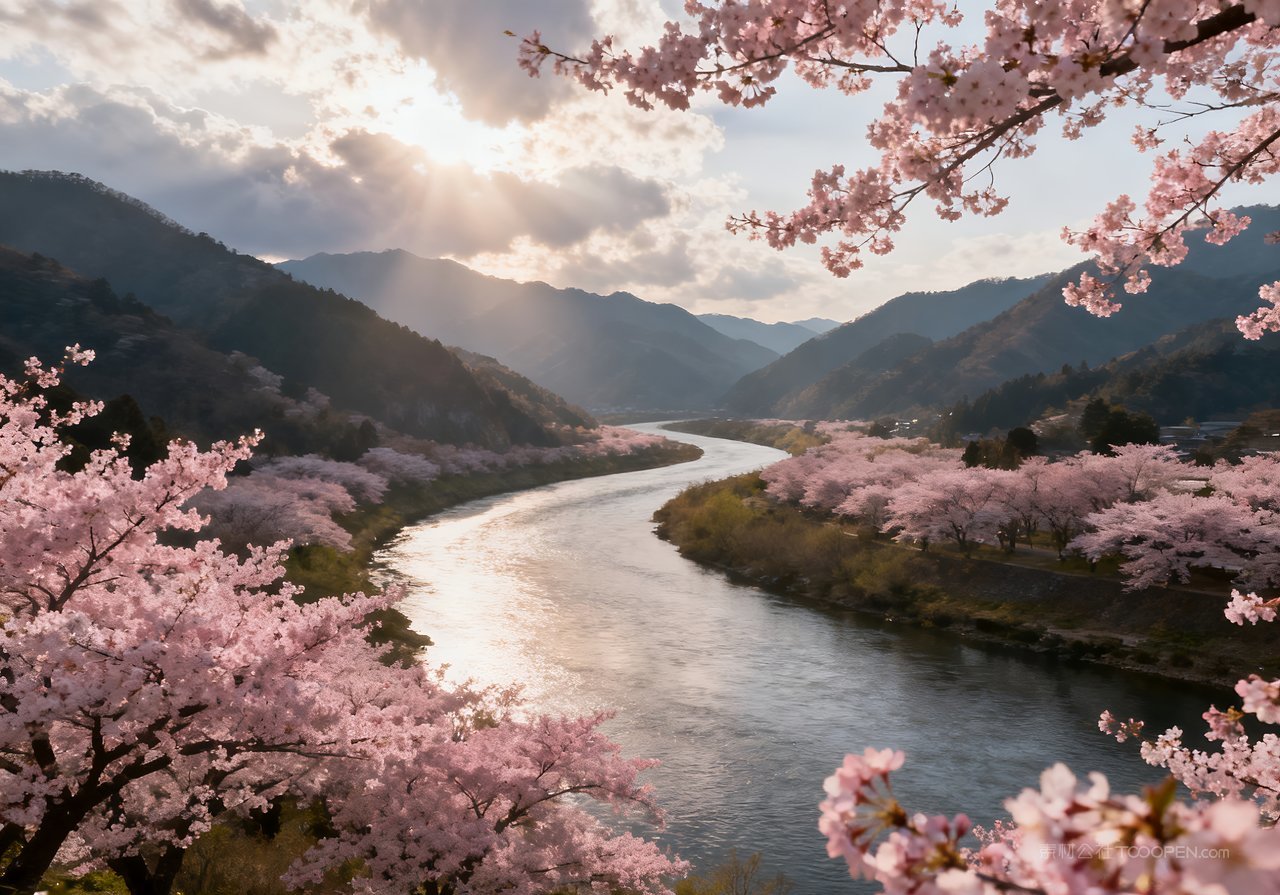 自然风景春意意境山峰春天河流天空