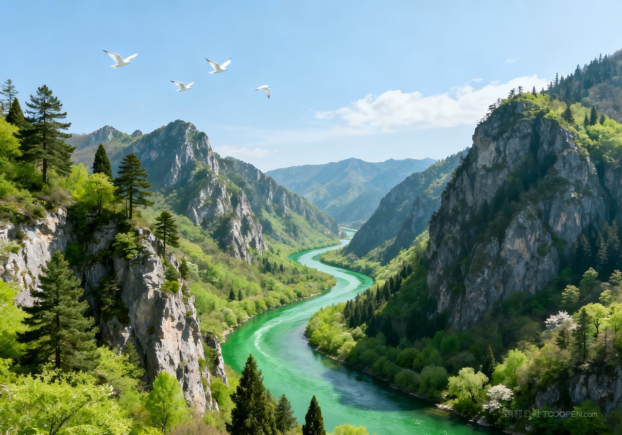 唯美山水天空意境春季河流风景山峰