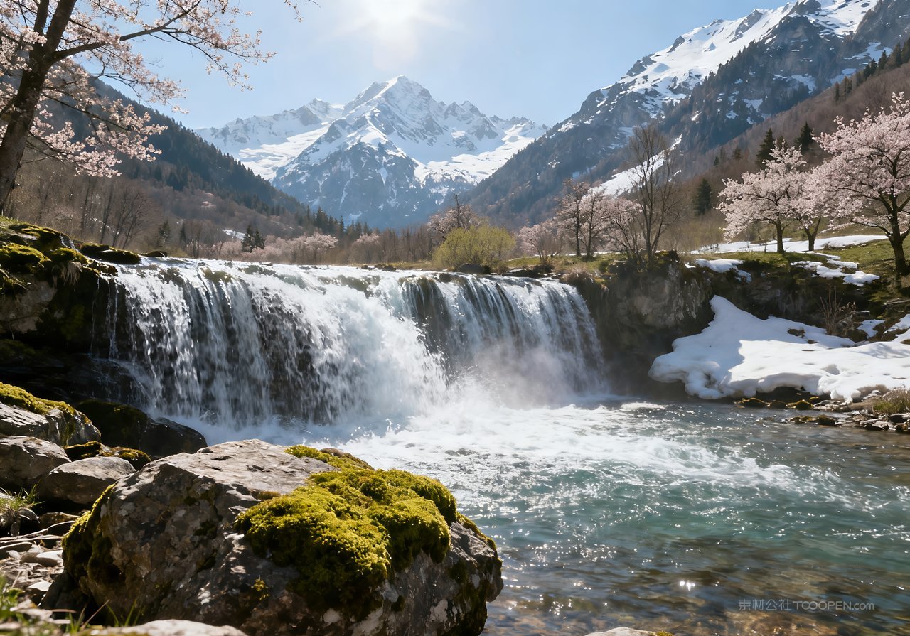 河流自然春天山峰春意风景天空意境唯美