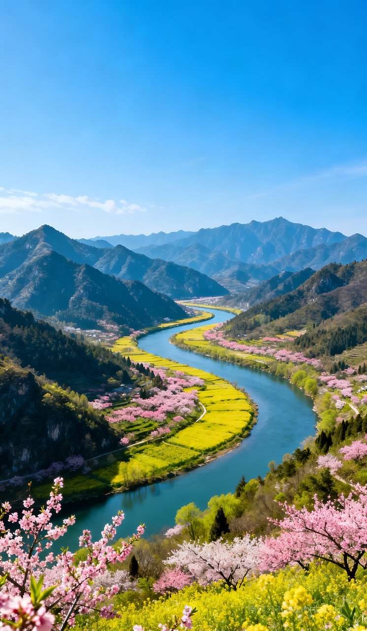 春季春天山水天空风景河流山峰自然唯美