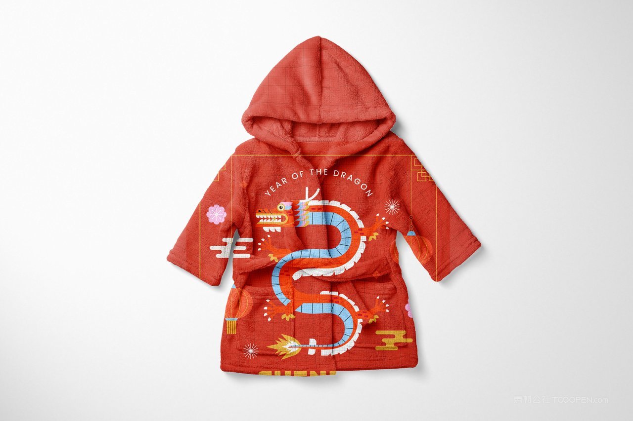 【1387期】2024龙年中国红睡袍珊瑚绒睡衣图案印花服装样机 (1)