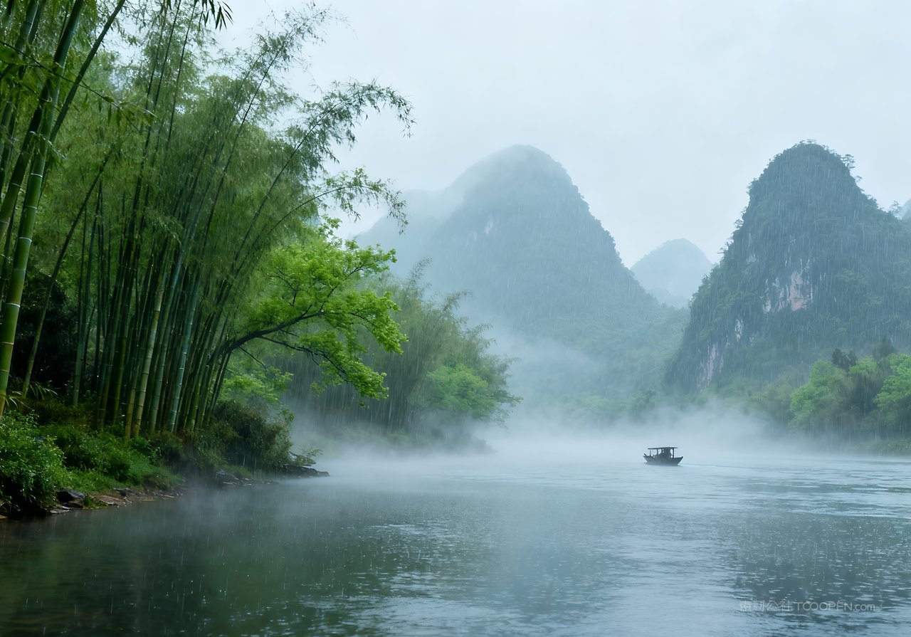 风景春季意境山水河流天空山峰唯美