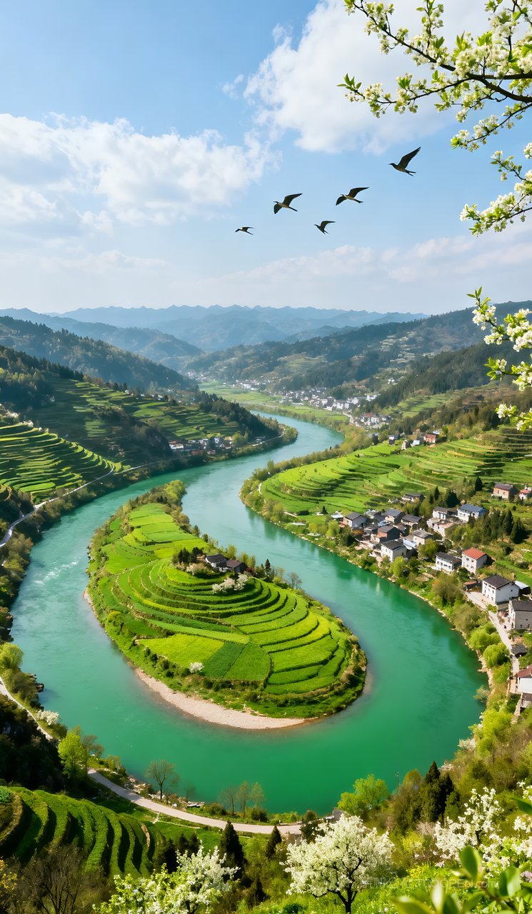 河流天空自然唯美春季山水春天山峰风景