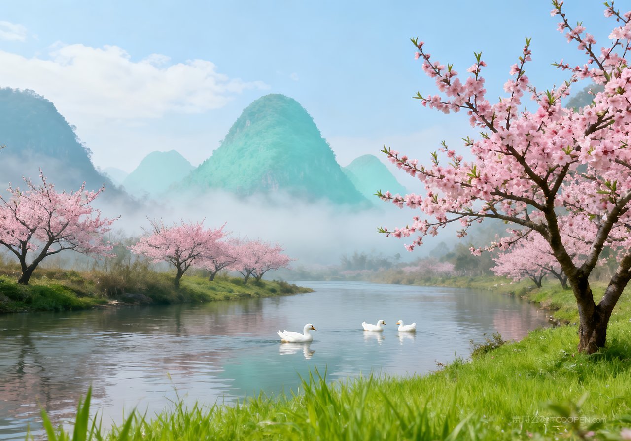 山峰春意意境唯美河流风景天空春天
