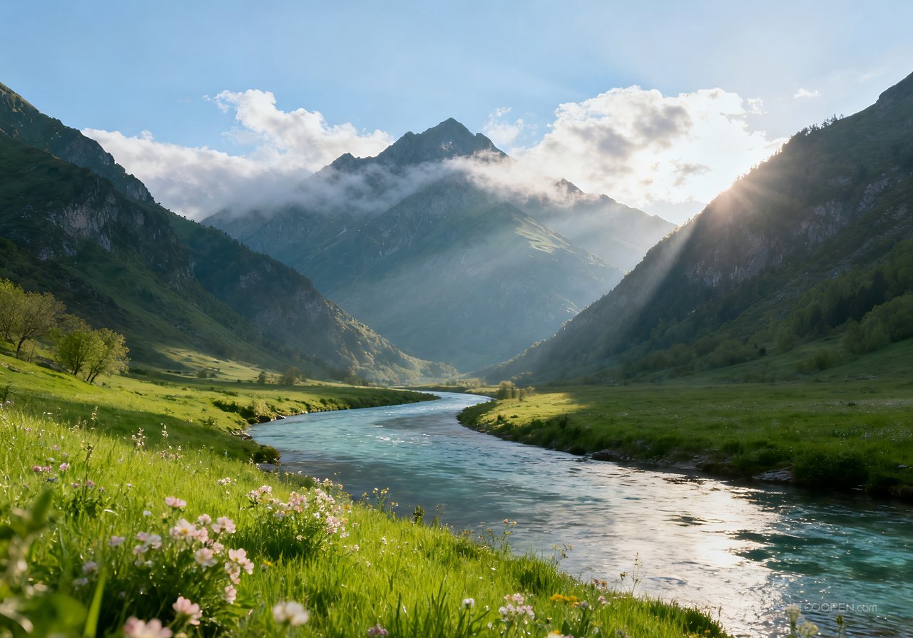 自然河流风景意境山峰春天春意天空