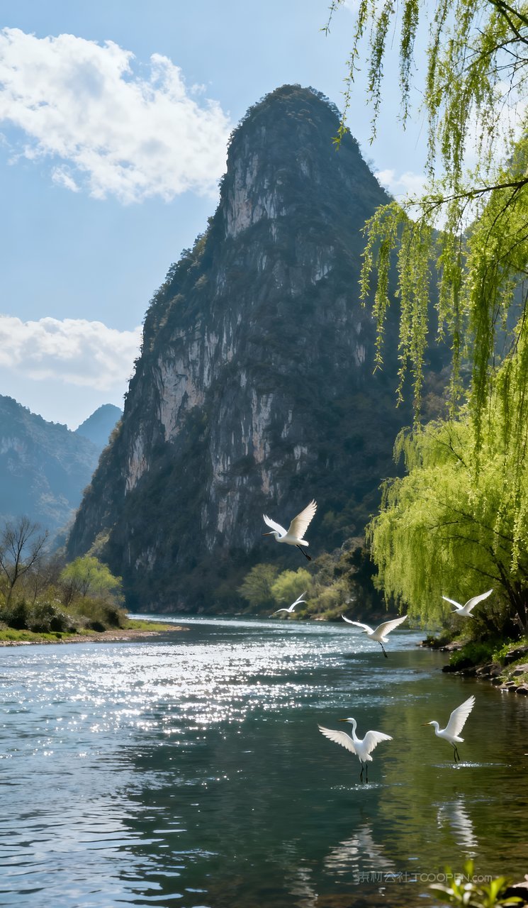 山水河流山峰春天自然风景天空唯美意境