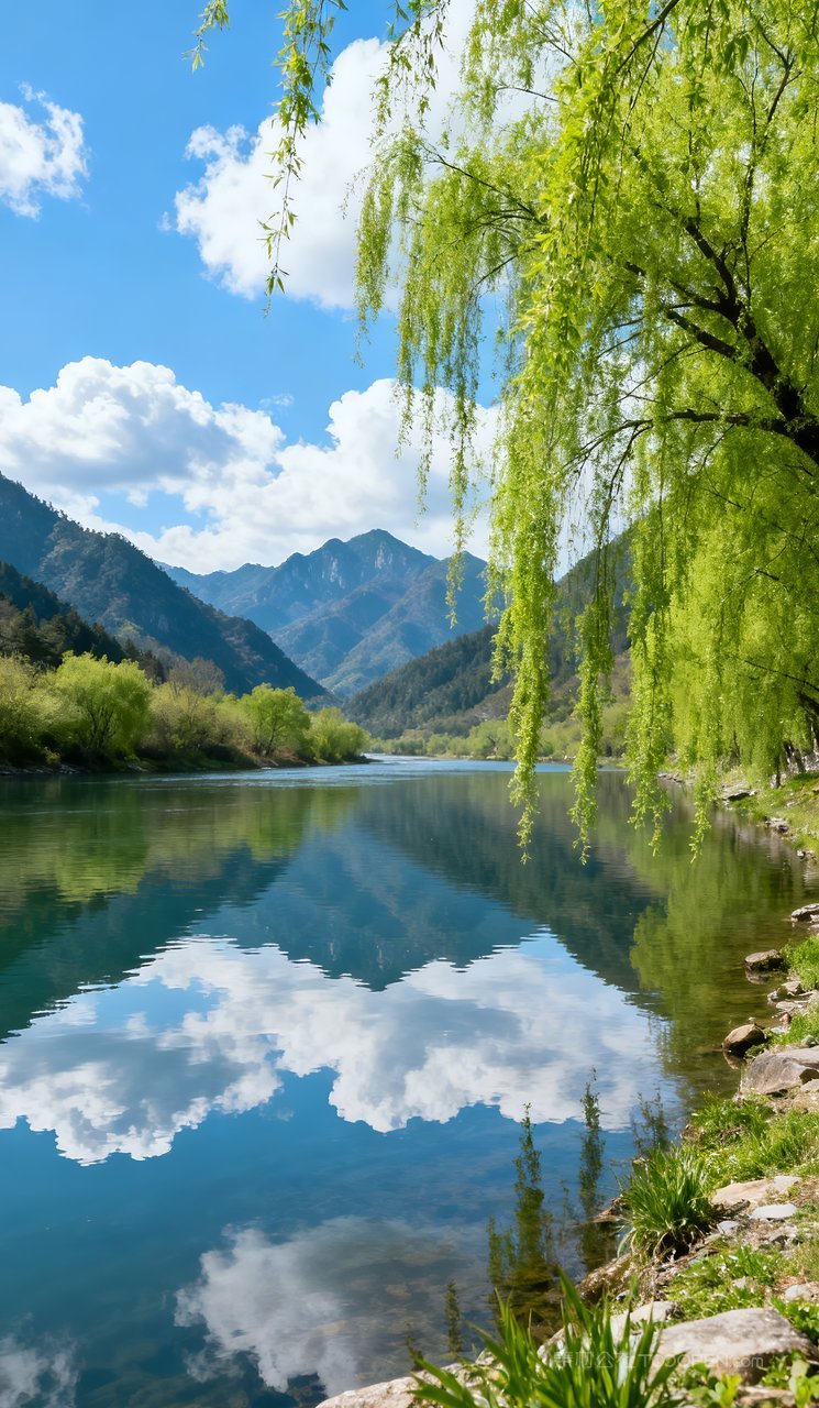 山水风景自然山峰春季景色天空春天河流唯美