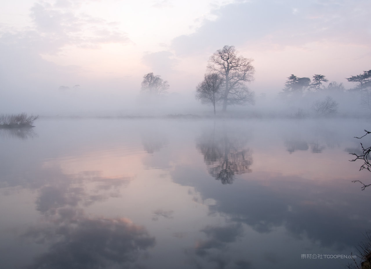 薄雾湖畔风景画图片