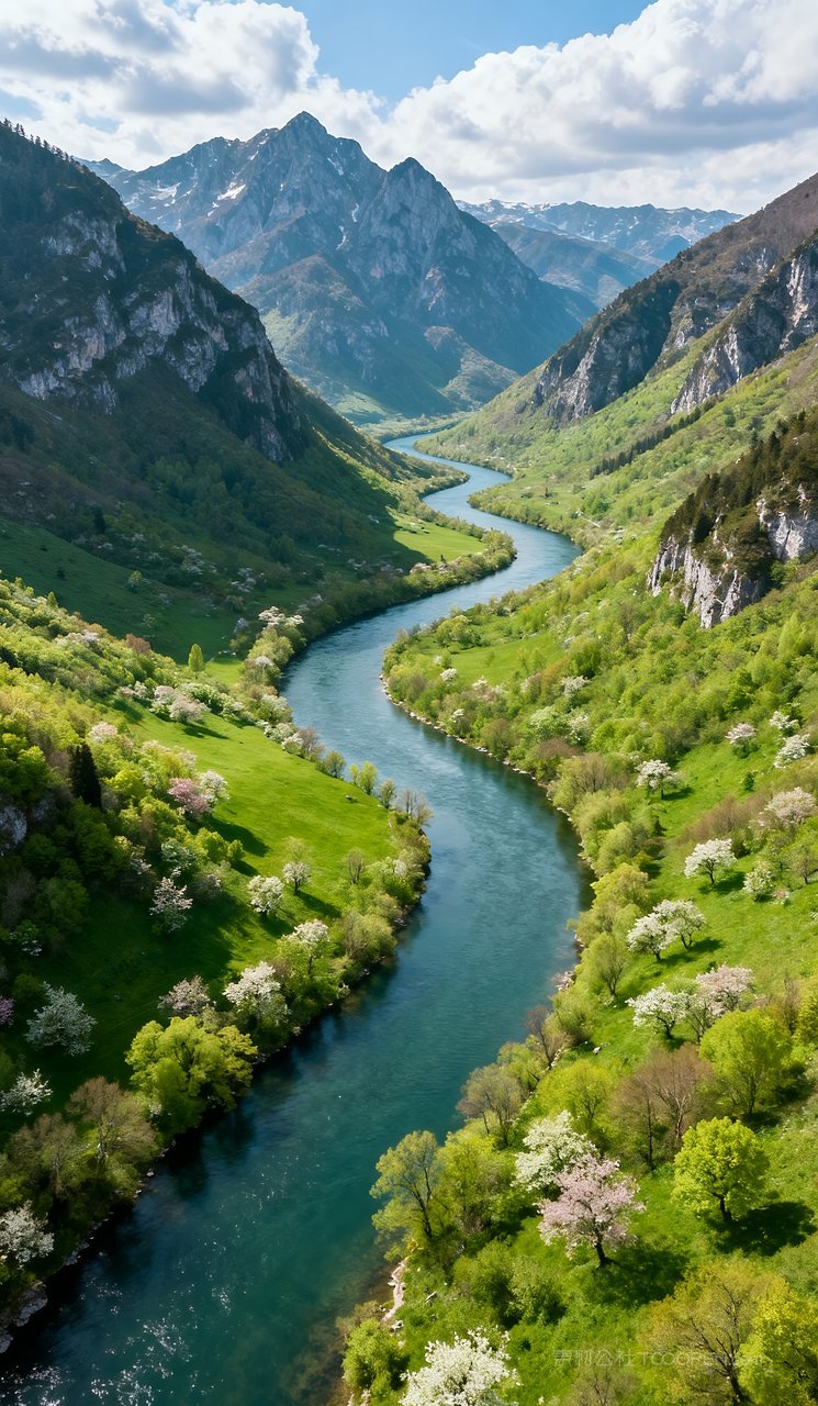 唯美山水天空山峰春季春天自然河流风景