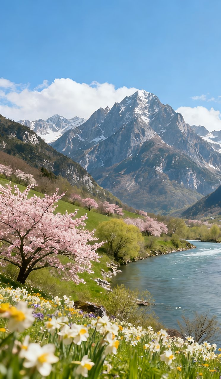 春天自然唯美天空河流风景山峰山水春季