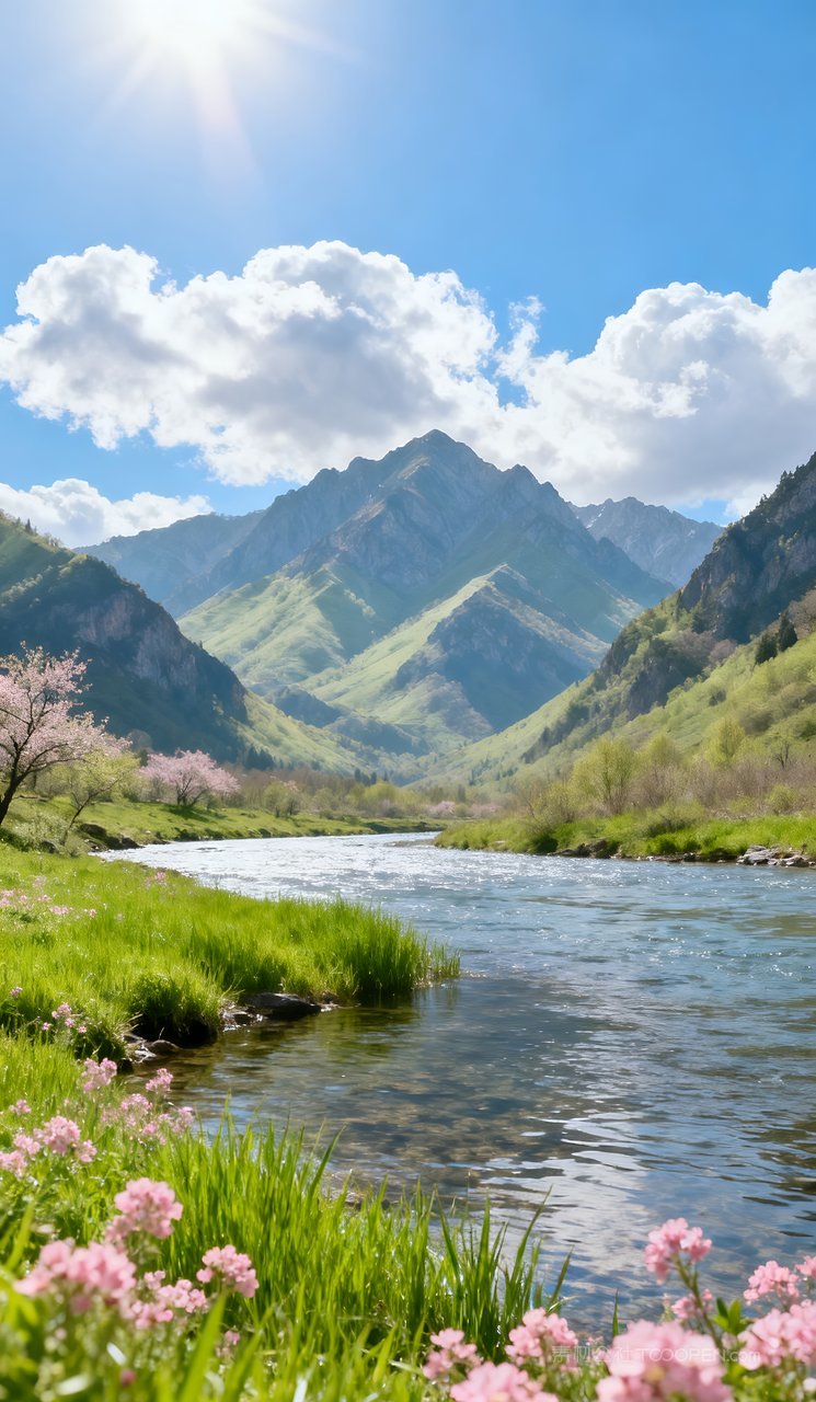 自然山峰春天春季唯美风景河流天空山水