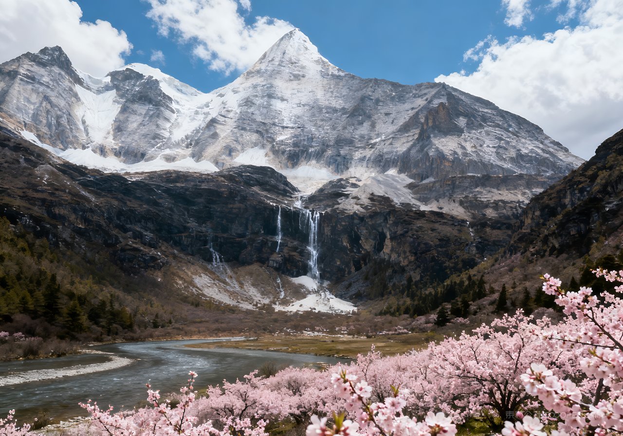 风景山峰自然意境春天春意天空河流唯美
