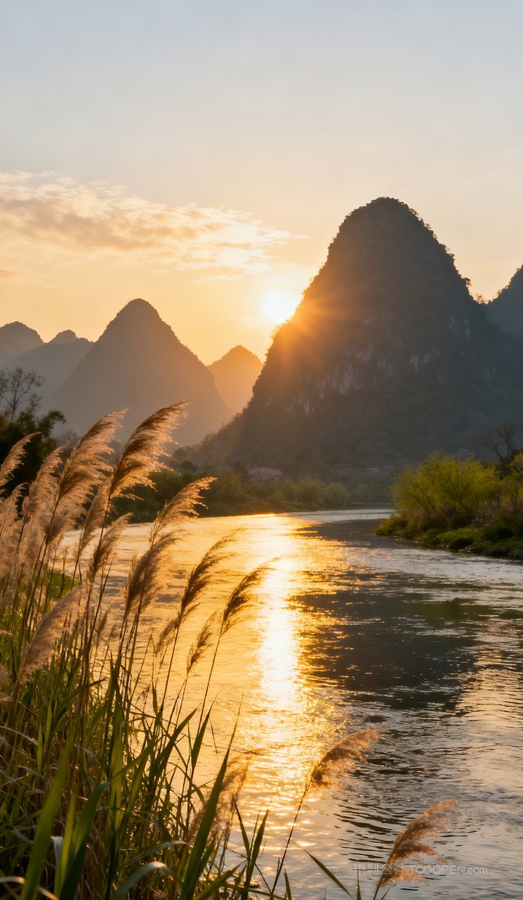 春天风景山峰山水自然唯美河流天空