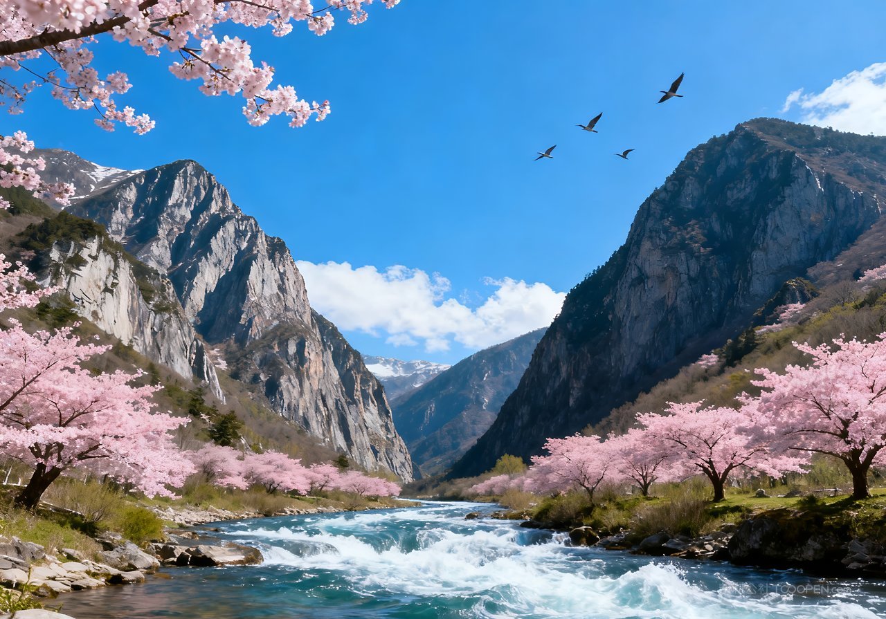 河流山峰风景唯美意境春季山水天空