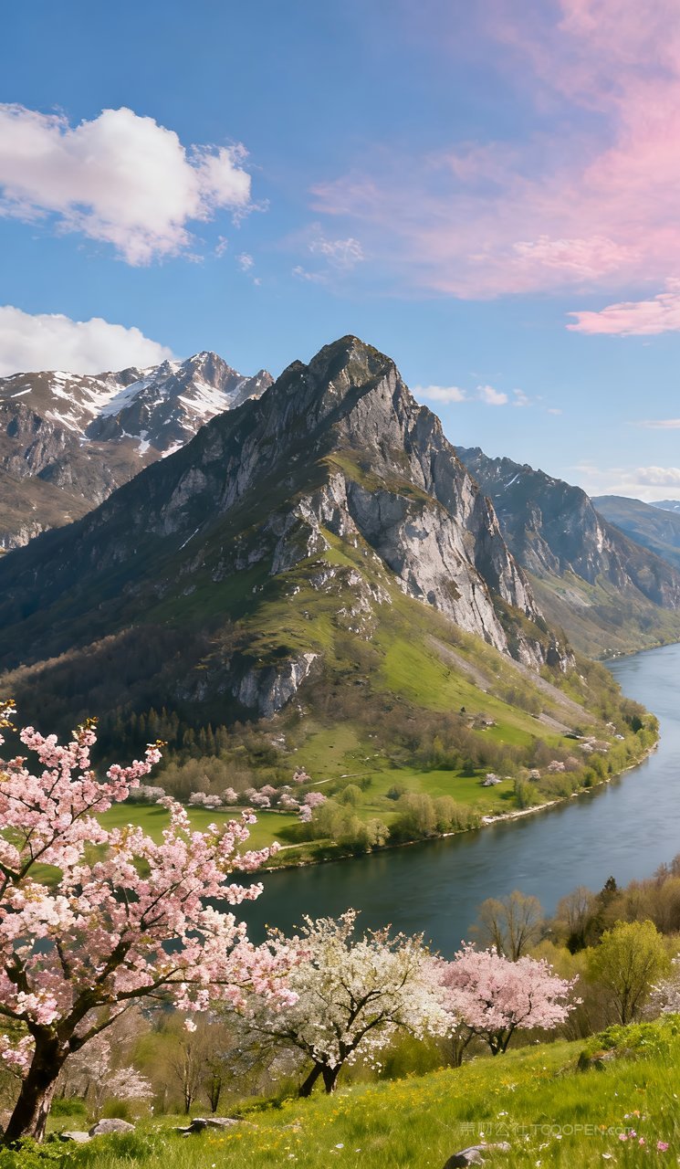 风景山峰天空唯美春天春季自然河流山水