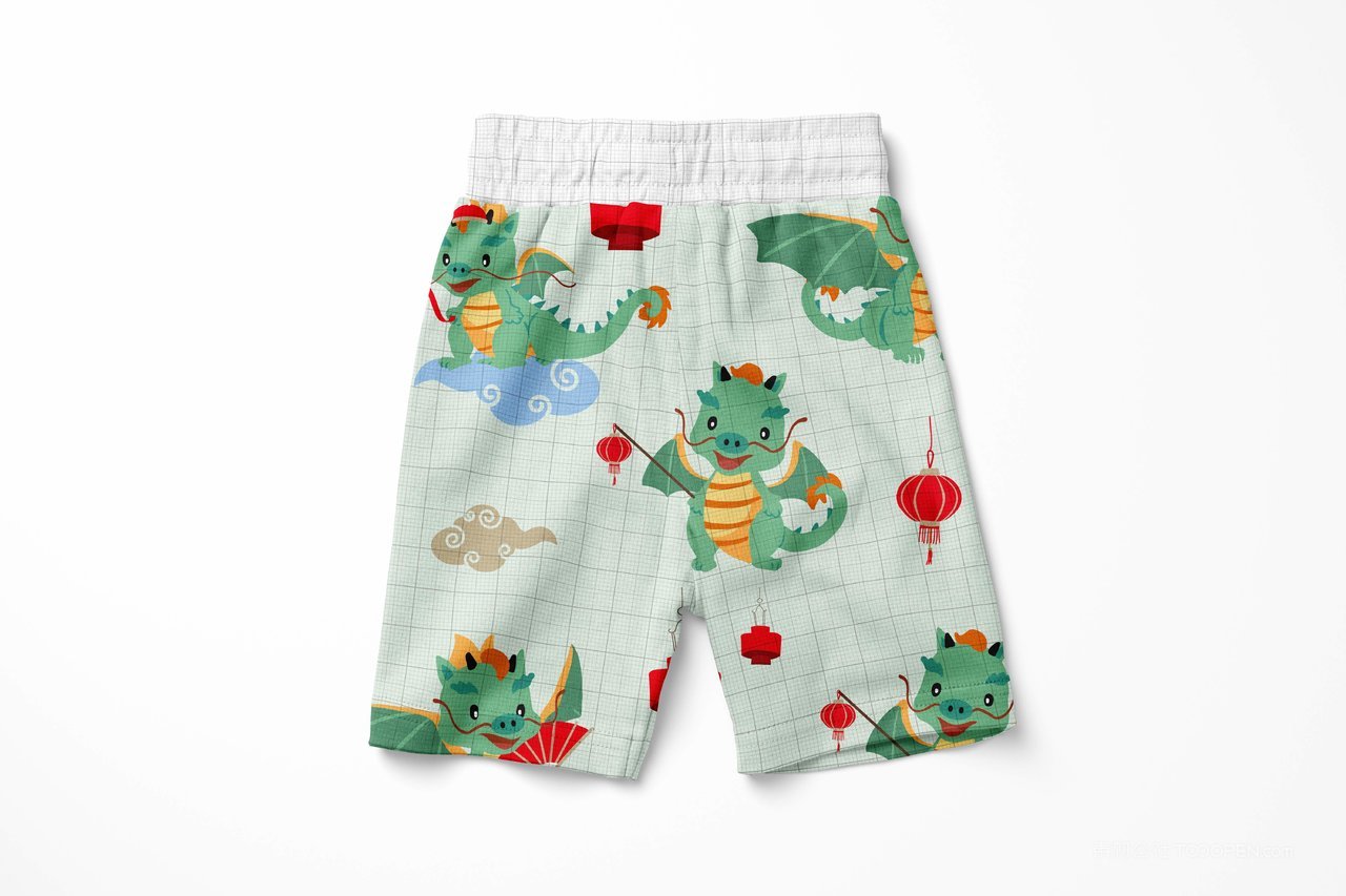 【1387期】2024龙年卡通提灯笼小恐龙印花儿童短裤服装样机 (2).tif