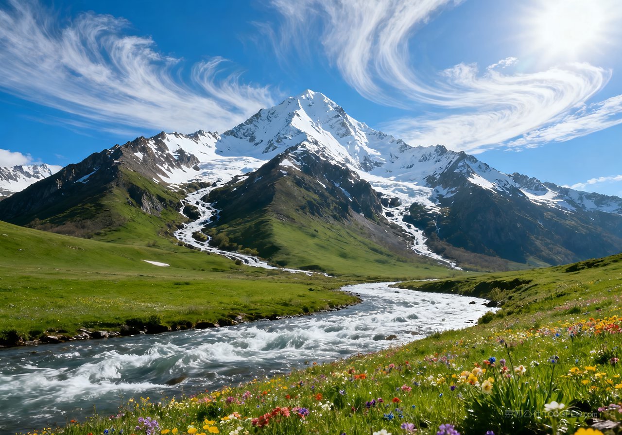 山水风景意境天空春季唯美河流山峰