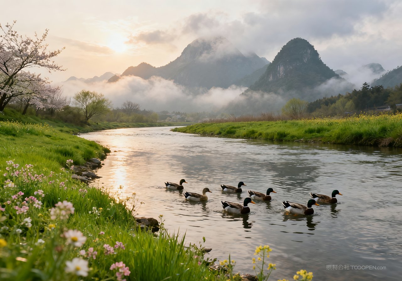 山水河流春天唯美意境天空风景山峰