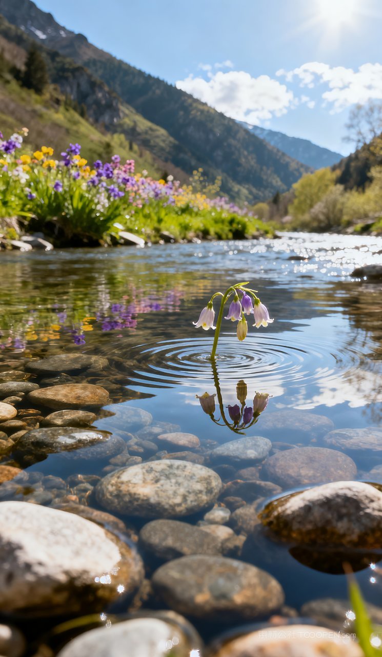 山峰春天河流唯美自然意境风景山水天空