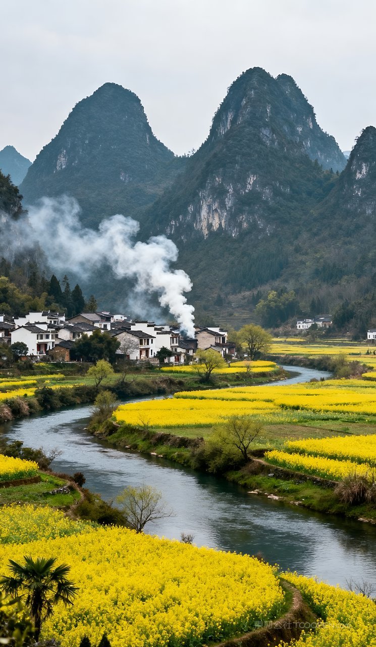 河流春季春天景色天空山峰山水风景自然唯美